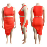 SC Plus Size Solid Tank Top+Ruched Split Skirt 2 Piece Sets ME-6108