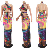 SC Sexy Printed Halter Hollow Maxi Skirt Two Piece Sets JZHF-8107