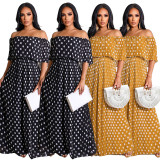 SC Chiffon Polka Dot Print Slash Neck Pleated Maxi Dress ME-8060