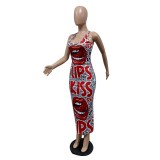 SC Plus Size Lip Letter Print Sleeveless Maxi Dress GHF-096