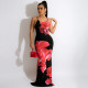 SC Flower Print Backless Cross Strap Split Maxi Dress OSIF-22196