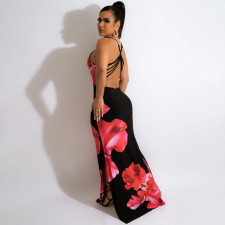 SC Flower Print Backless Cross Strap Split Maxi Dress OSIF-22196