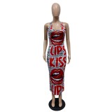 SC Plus Size Lip Letter Print Sleeveless Maxi Dress GHF-096