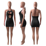 SC Solid Sexy Hollow Out Halter Mini Dress NIK-296