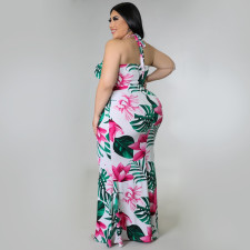 SC Plus Size Casual Floral Print Halter Top And Skirt Two Piece Sets ONY-7002