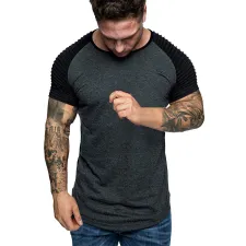 SC Men Pleated Color Block Fashion Short Sleeve T-Shirt FLZH-ZT102