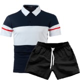 SC Men's Fashion Colorblock Casual Short Sleeve POLO Two-Piece Shorts Sets FLZH-ZT131-ZK70