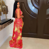 SC Sexy Printed Backless Bodysuit+Split Long Skirt 2 Piece Sets MDF-5304