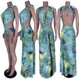 SC Sexy Printed Backless Bodysuit+Split Long Skirt 2 Piece Sets MDF-5304