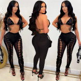 SC Sexy Mesh Lace-Up Hollow Bra Top+Pants 2 Piece Sets BY-5711