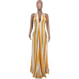 SC Sexy Striped Halter Backless Maxi Dress FNN-8665