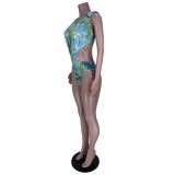 SC Sexy Printed Backless Bodysuit+Split Long Skirt 2 Piece Sets MDF-5304
