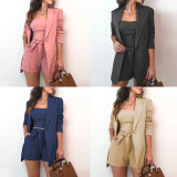 SC Plus Size Solid Cami Top+Blazer Coat+Shorts 3 Piece Sets WSM-5388