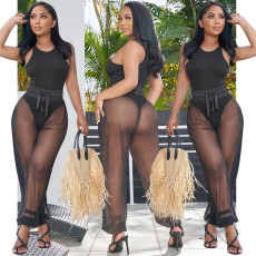 SC Solid Sleeveless Bodysuit+Mesh Pants 2 Piece Sets BY-5715