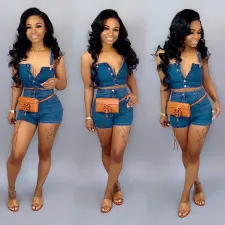 SC Denim Strap CropTop+Jeans Shorts 2 Piece Sets SH-3536