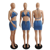 SC Sexy Denim Halter Top And Mini Skirts Two Piece Sets GDYF-6926
