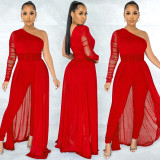 SC Solid Color Sexy One Shoulder Long Sleeve Jumpsuit BY-5675
