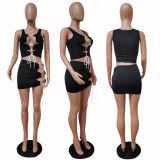 SC Solid Color Lace-Up Hollow Vest Mini Skirts Two Piece Sets LSD-90966
