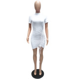 SC Solid Short Sleeve Drawstring Slim Mini Dress MZ-2738