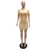 SC Solid Short Sleeve Drawstring Slim Mini Dress MZ-2738