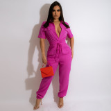 SC Solid Short Sleeve Pockets Jumpsuit MA-Y489