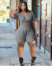 SC Plus Size Solid Knotted Crop Top And Shorts Sets XYMF-88105