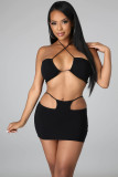 SC Solid Sexy Halter Hollow Out Mini Skirt 2 Piece Sets YH-5255