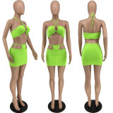 SC Solid Sexy Halter Hollow Out Mini Skirt 2 Piece Sets YH-5255