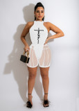 SC Letter Print Sleeveless Bodysuit+Mesh Shorts 2 Piece Sets MX-9137
