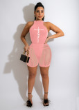 SC Letter Print Sleeveless Bodysuit+Mesh Shorts 2 Piece Sets MX-9137