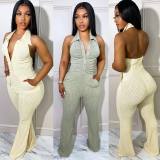 SC Solid Halter Ruched Turndown Collar Jumpsuit CYAO-81033