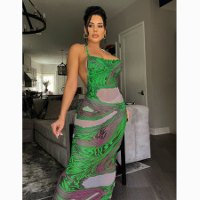 SC Sexy Printed Backless Mesh Sling Maxi Dress MEM-88431