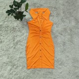 SC Solid Sleeveless Turndown Collar Slim Mini Dress CY-6599