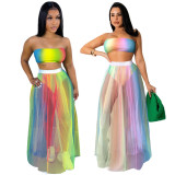 SC Gradient Colorful Tube Top+Mesh Long Skirt 2 Piece Sets ASL-6572