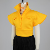 SC Solid Buttons Flying Sleeves Crop Top ZSD-0461