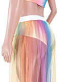 SC Gradient Colorful Tube Top+Mesh Long Skirt 2 Piece Sets ASL-6572