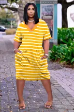 SC Plus Size Casual Stripe Print V-Neck Pockets Dress TK-6237