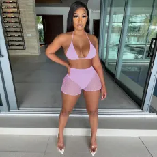 SC Sexy Sequin Bra Mesh Shorts Two Piece Set TE-4391