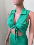 SC Fashion Solid Color Lapel Sleeveless Tie Up Rompers NIK-306