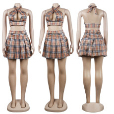 SC Sexy Plaid Vest Top Pleated Mini Skirt 2 Piece Sets NY-10192