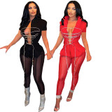 SC Sexy Lace-Up Short Sleeve Mesh Pants 2 Piece Sets NYMF-271