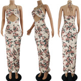 SC Floral Print Halter Ruched Hollow Out Maxi Dress JZHF-8110