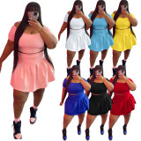 SC Plus Size Solid Short Sleeve Pleated Mini Skirt 2 Piece Sets WAF-77426