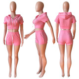 SC Solid Hooded Zipper Two Piece Shorts Set CH-8210