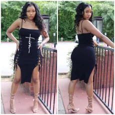 SC Letter Print Spaghetti Strap Bandage Dress MDF-5308
