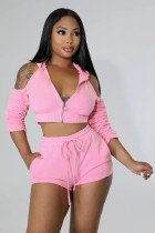 SC Solid Hooded Backless Ruched Sleeve 2 Piece Shorts Sets CQ-171