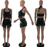 SC Sexy Tassel Halter Bra Top High Waist Shorts Clubwear Sets LP-66335