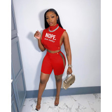 SC Letter Print Sleeveless Hollow 2 Piece Shorts Sets WSYF-5931