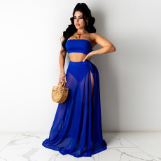 SC Solid Tube Top+Split Maxi Skirt+Underpants 3 Piece Sets TE-4417