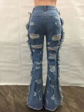 SC Denim Ripped Hole Tassel Flared Jeans Pants LA-3306